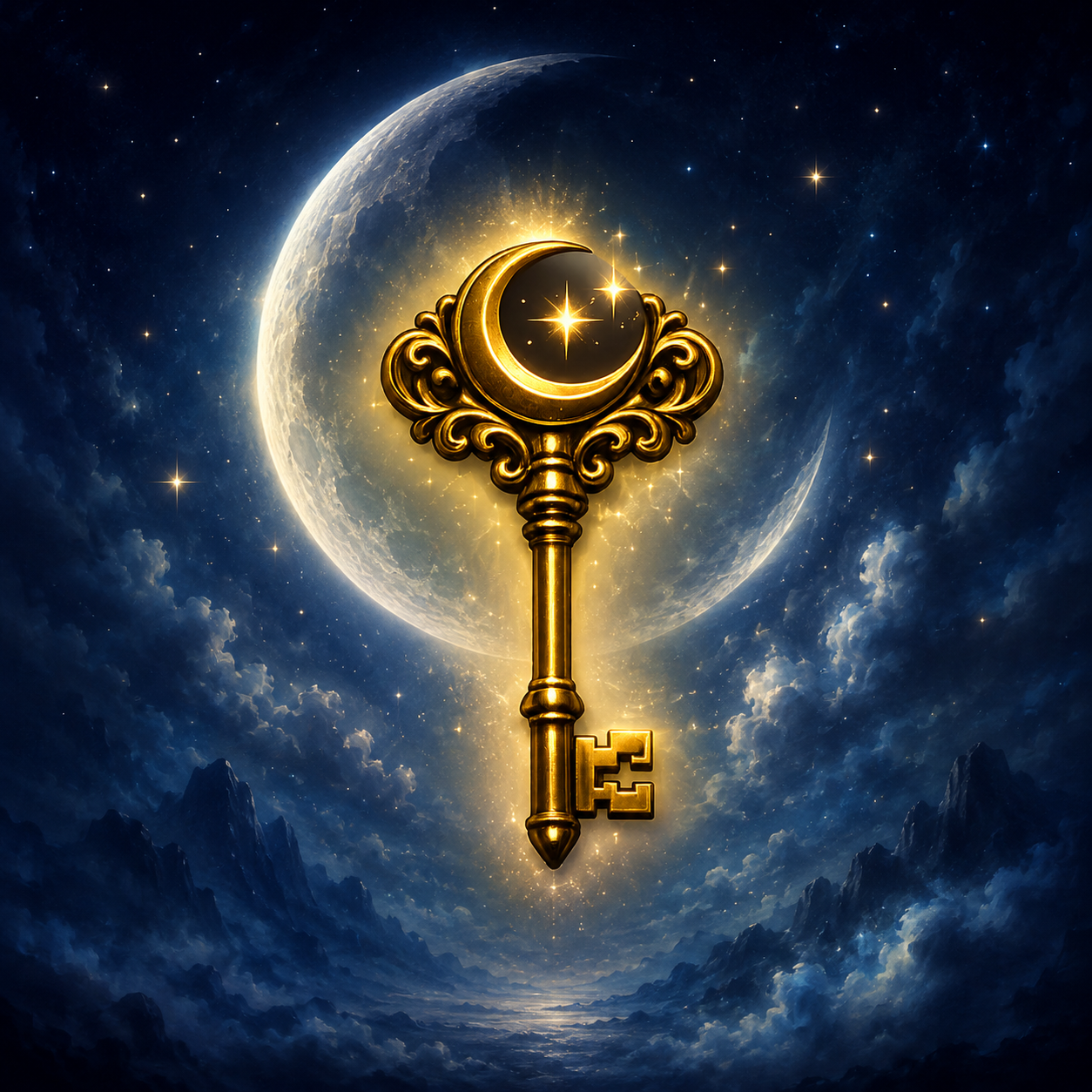 A glowing golden magical key beneath the moon