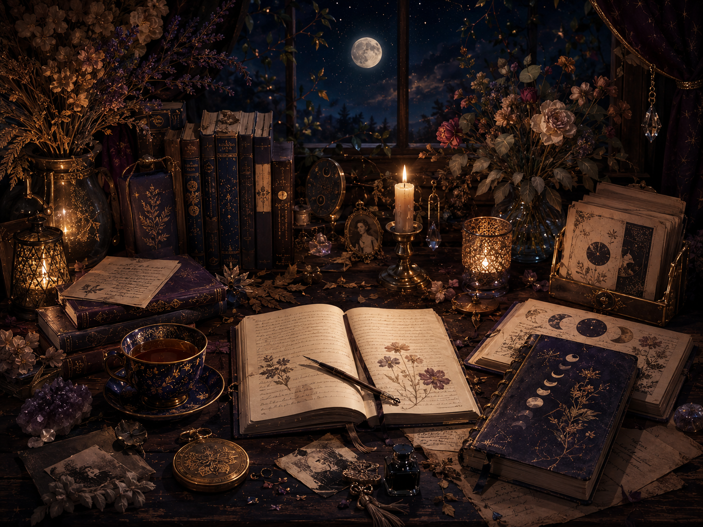 Moonlit spiritual bookshelf and reflective writing desk