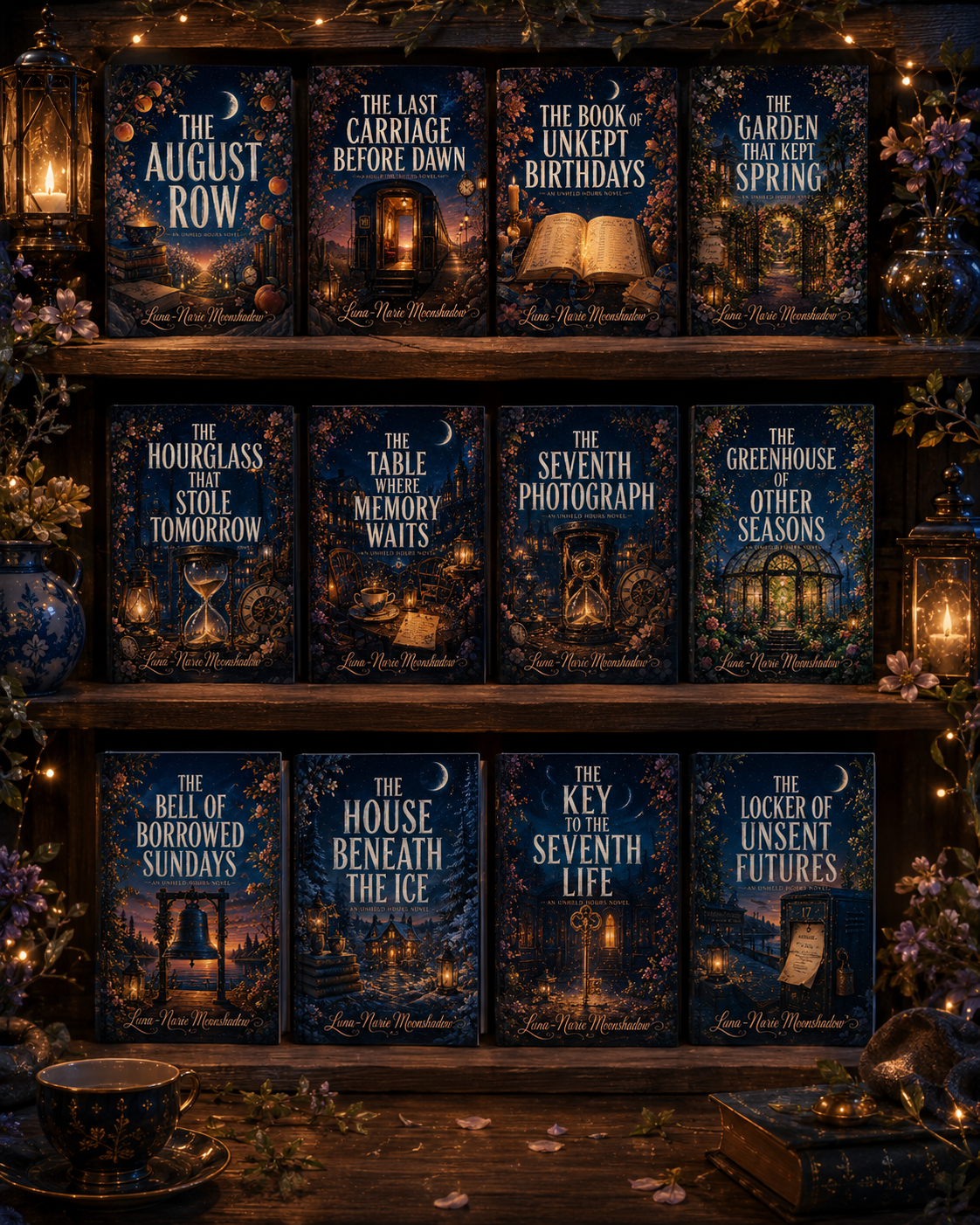 The complete Unheld Hours series displayed on a moonlit bookshelf